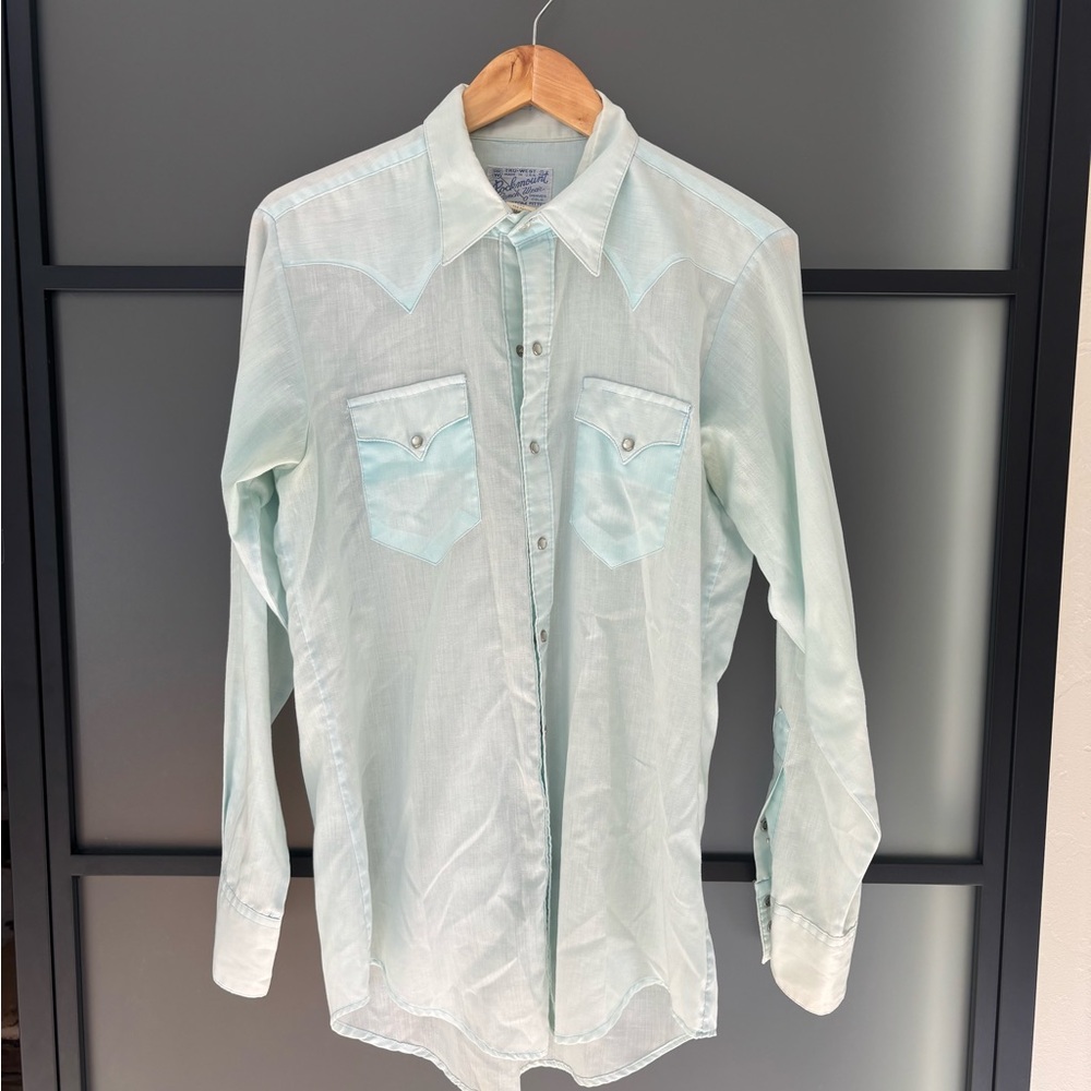 Vintage Rockmount Men's light Blue/Green pearl snap Shirt
